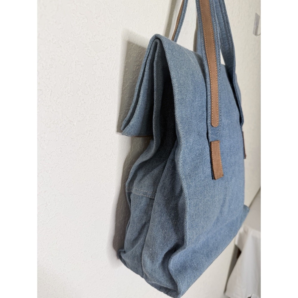 USA Denim Leather Trim Tote Blue Shoulder Bag Large Foldable Le Voar Purse - Picture 4 of 10